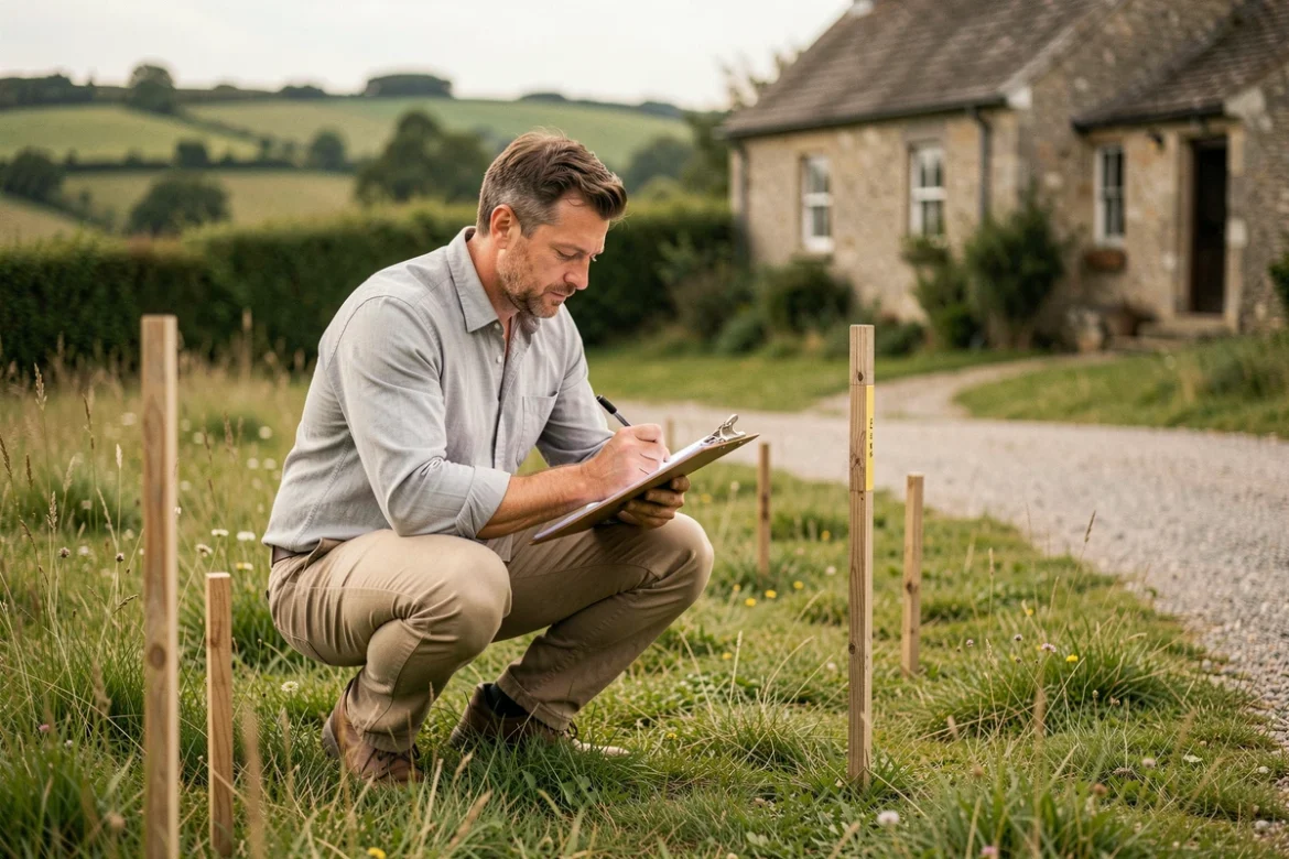 Urbaniste prenant des mesures sur le terrain en zone naturelle à proximité d'une maison rurale existante