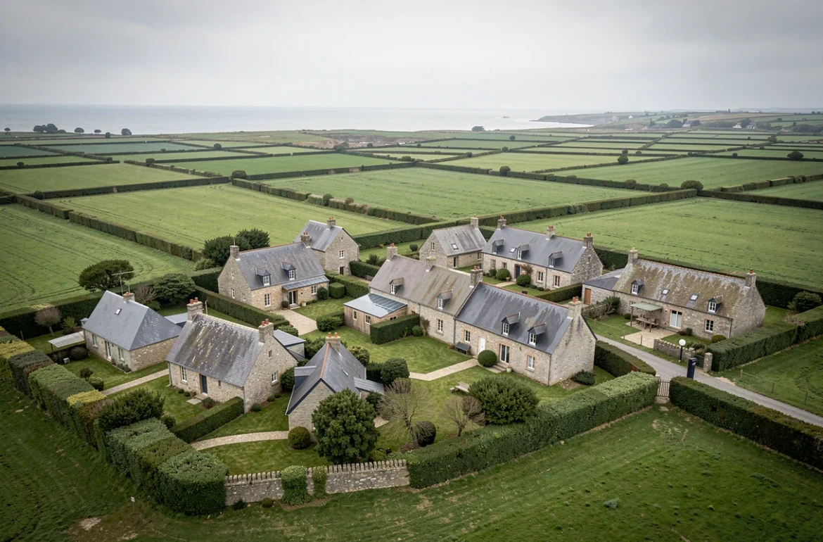 Vue aérienne d'un hameau breton avec maisons en pierre et toits en ardoise entourés de champs verts et de bocage