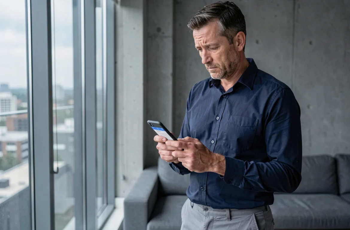Homme consultant son téléphone en attente de réponse à ses demandes de location d'appartement
