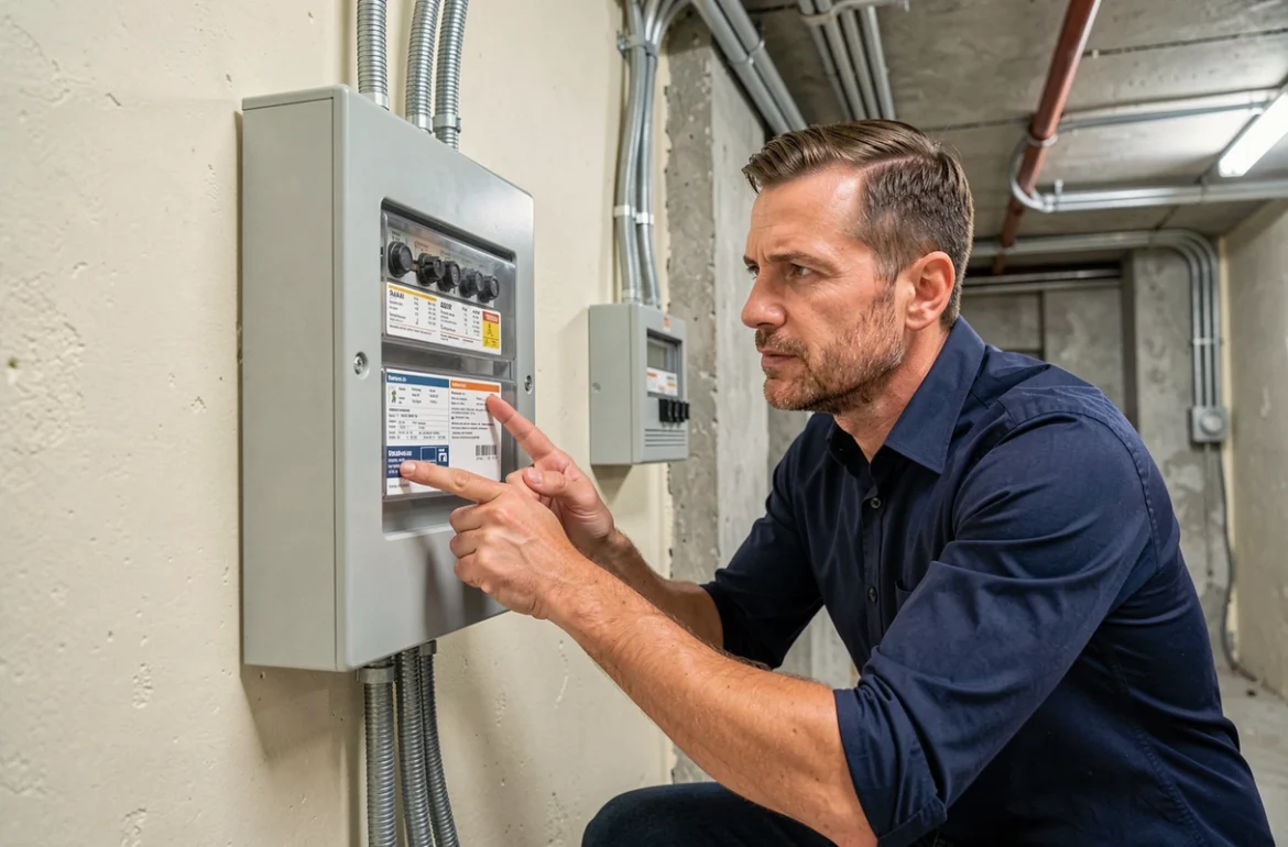 Homme inspectant un compteur électrique EDF dans un local technique