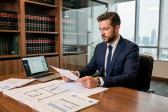 Investisseur immobilier consultant des documents juridiques et financiers pour optimiser la TVA via une société dédiée de marchand de biens