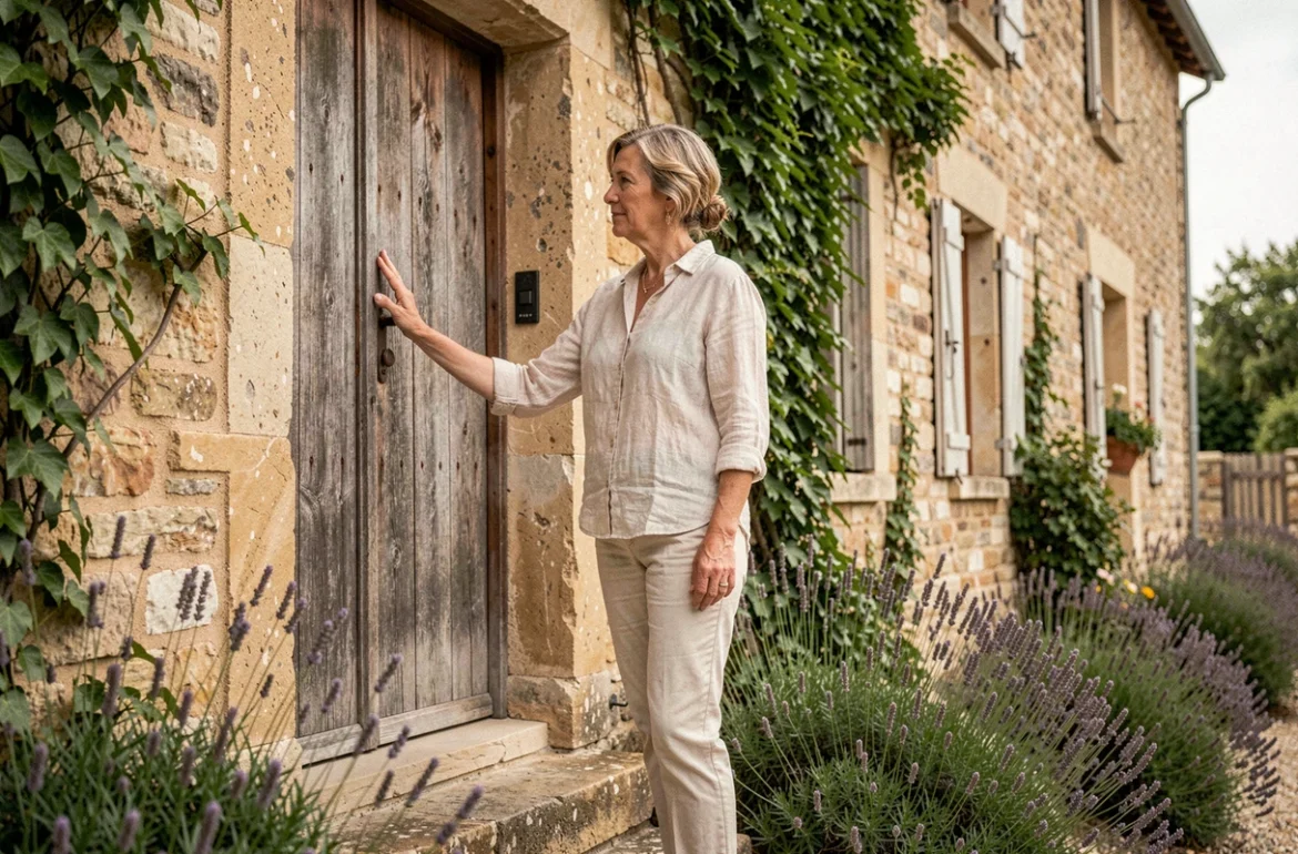 Femme d'une cinquantaine d'années devant la façade d'une maison familiale en pierre héritée de ses parents, évoquant la conservation du patrimoine immobilier familial