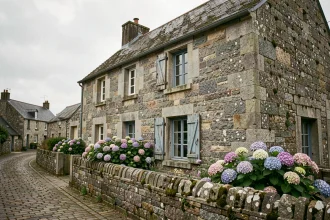 Maison en pierre de granit traditionnelle bretonne dans un village côtier avec volets bleus et hortensias