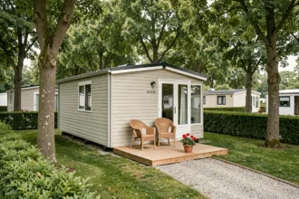 Mobil home moderne sur une parcelle de terrain dans un camping en Vendée, entouré d'arbres et d'une terrasse en bois