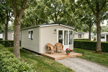 Mobil home moderne sur une parcelle de terrain dans un camping en Vendée, entouré d'arbres et d'une terrasse en bois