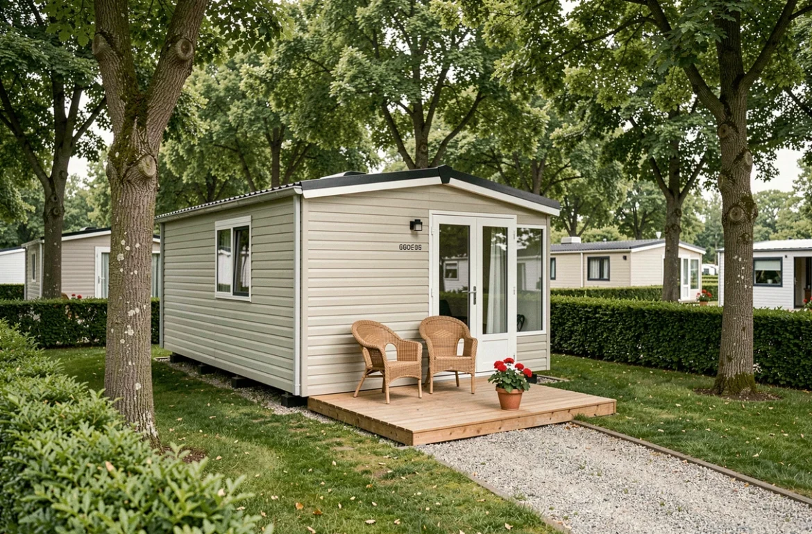 Mobil home moderne sur une parcelle de terrain dans un camping en Vendée, entouré d'arbres et d'une terrasse en bois