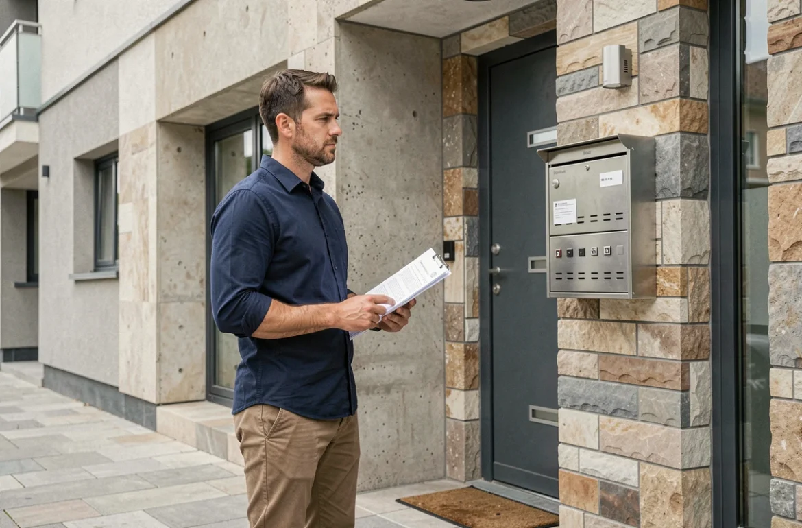Nouveau propriétaire devant son immeuble résidentiel tenant des documents administratifs liés à la prop itea fr