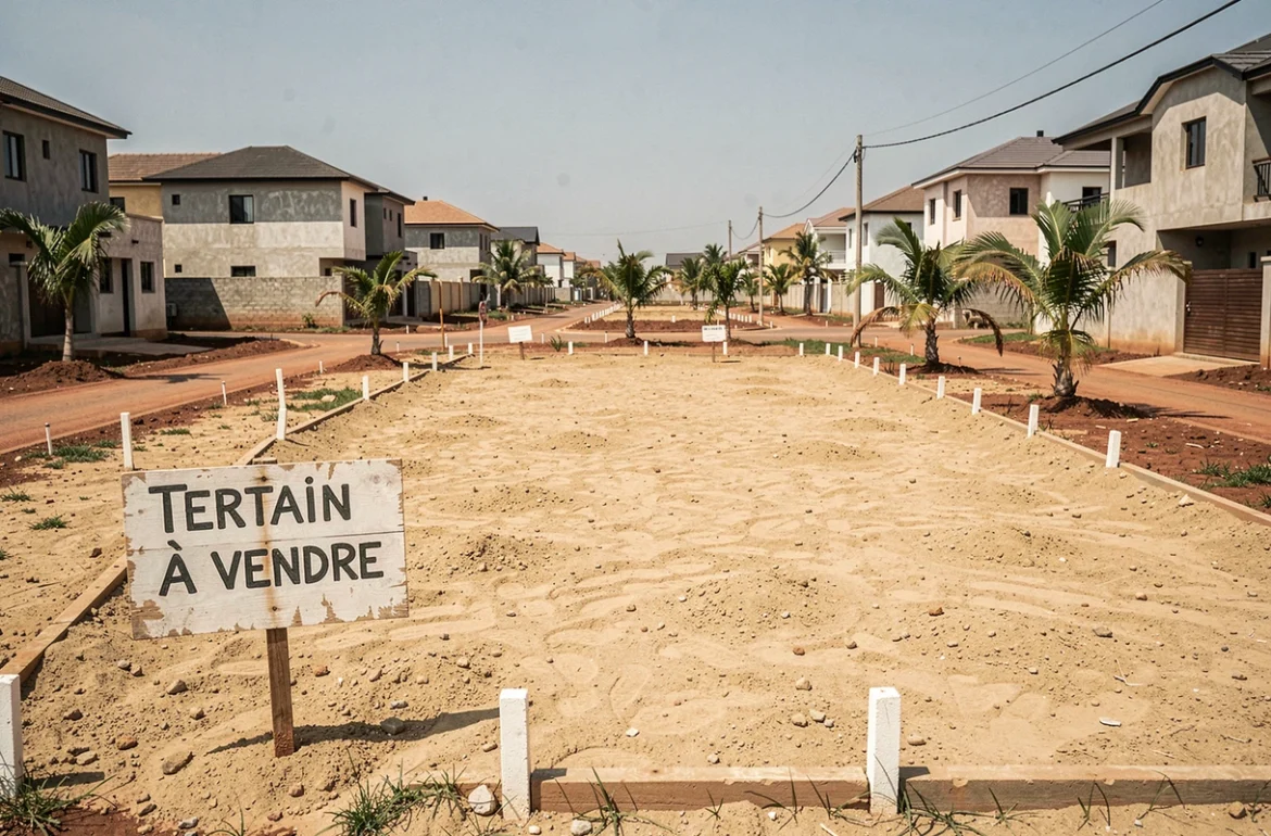 Panneau terrain à vendre planté sur une parcelle de terrain non bâti dans une banlieue résidentielle de Dakar, Sénégal