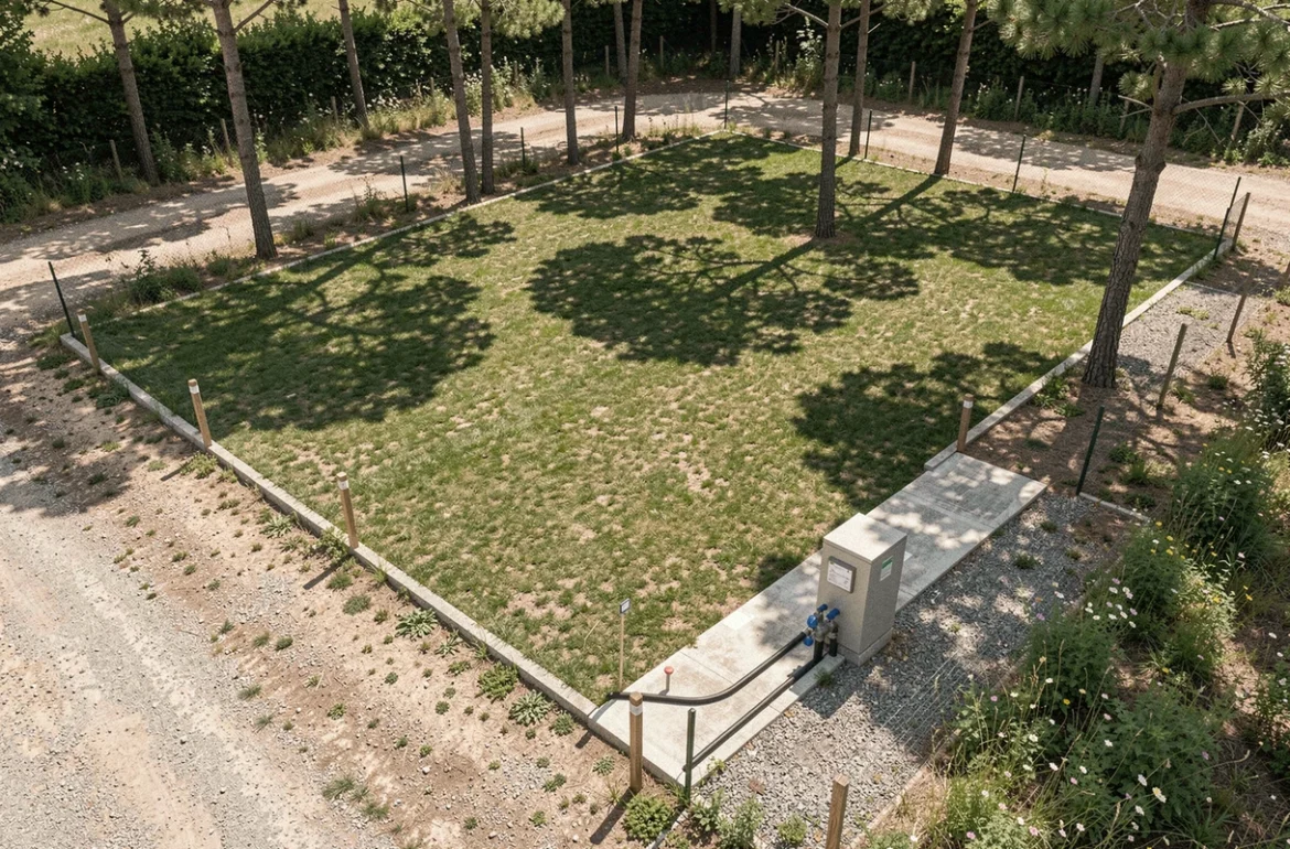 Vue détaillée d'une parcelle de terrain viabilisée dans un camping en Vendée avec raccordements eau et électricité