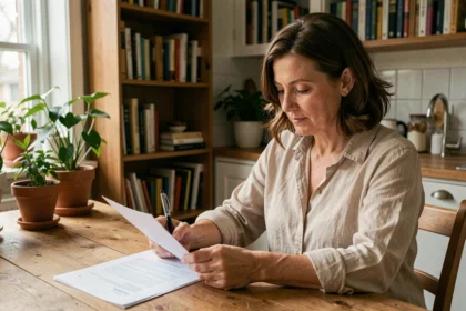 Propriétaire débutante lisant attentivement un document sur la prop itea fr à sa table de cuisine