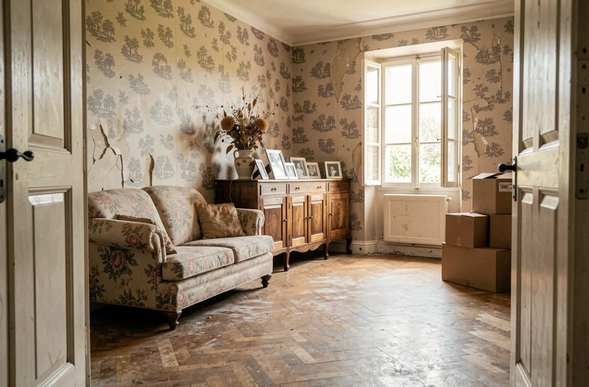 Salon vide et figé dans le temps d'une maison de famille héritée des parents, avec mobilier ancien et boîtes de déménagement, illustrant la question de la résidence secondaire