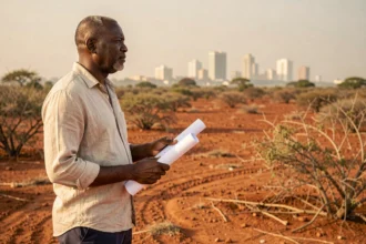 Homme sénégalais debout sur un terrain à vendre au Sénégal tenant un document immobilier, regardant l'horizon avec Dakar en arrière-plan