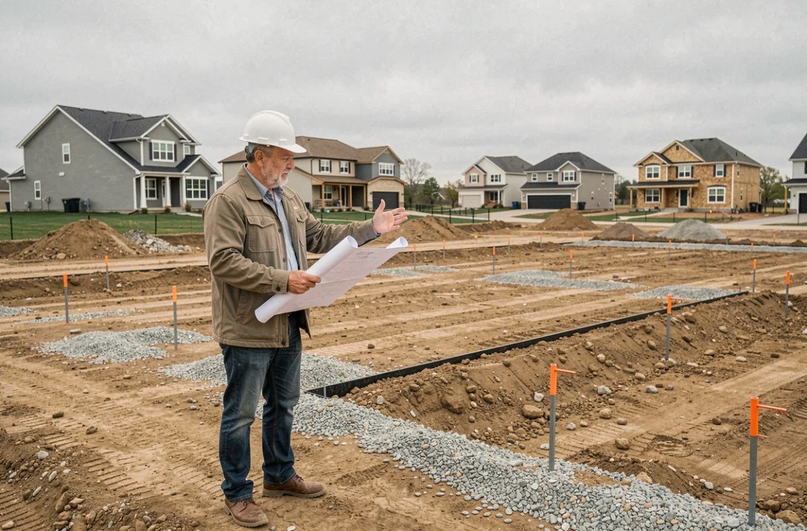 Promoteur immobilier sur un terrain nu en cours de viabilisation pour une construction neuve