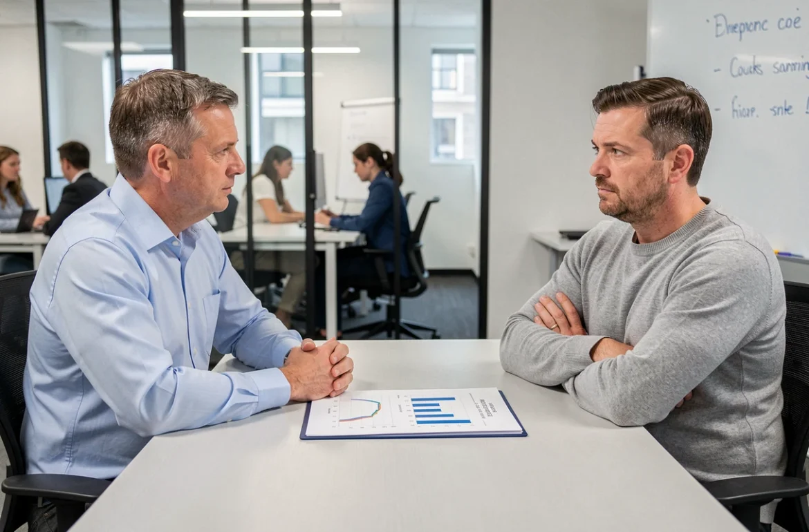 Vendeur présentant des simulations fiscales IDR à un client sceptique dans un espace de coworking moderne