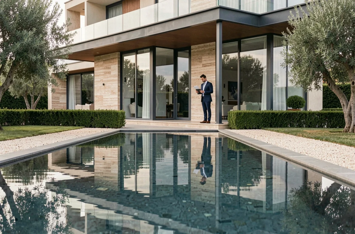 Villa de prestige contemporaine avec piscine miroir et consultant immobilier lors d'une estimation patrimoniale