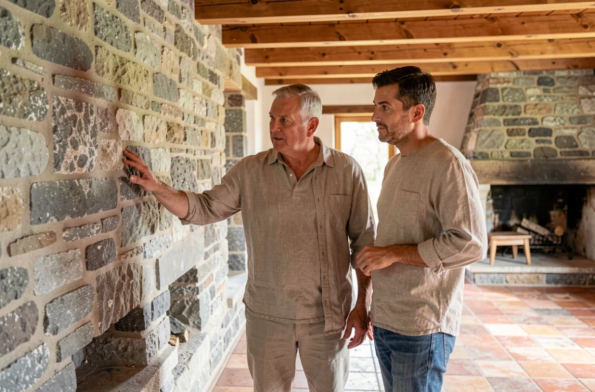 Couple visitant une maison en pierre bretonne avec cheminée en granit et poutres apparentes pour un achat immobilier