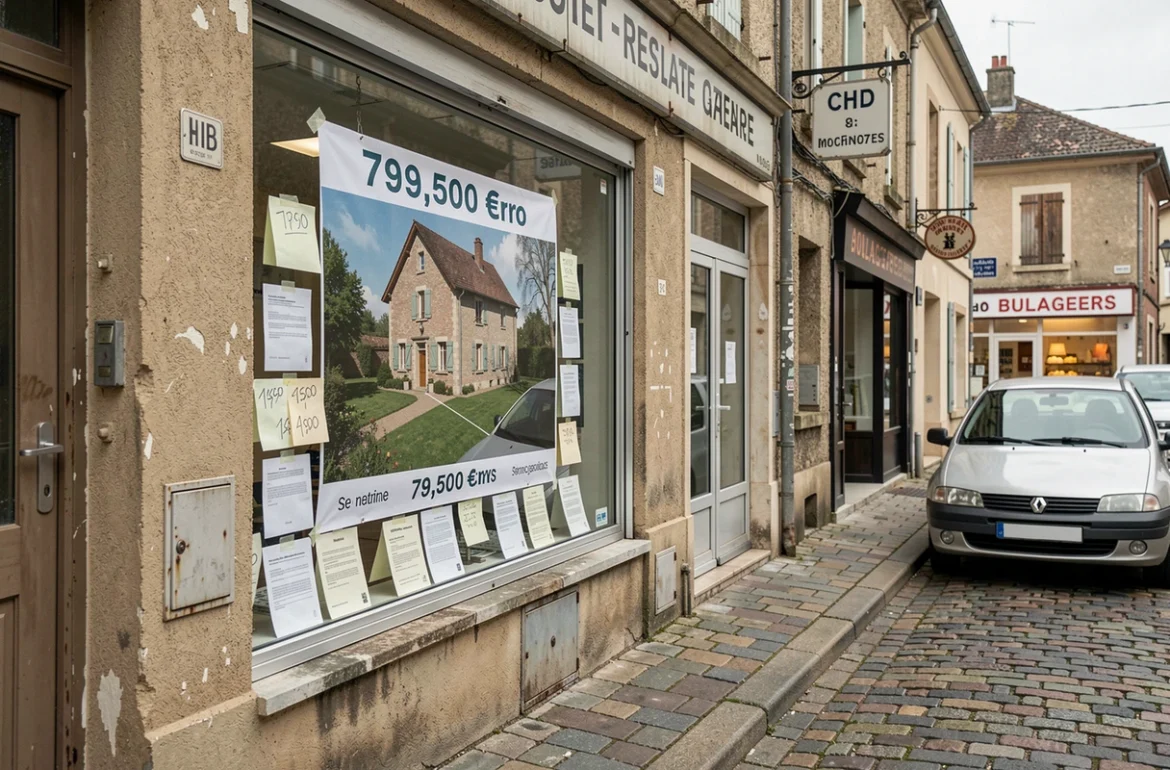 Vitrine d'agence immobilière en province affichant une annonce de maison à moins de 80 000 euros avec terrain, rue pavée d'un village français