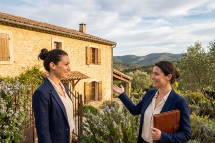 Agent immobilier d'ARE Immo devant une maison en pierre typique de Saint-Martin-de-Londres dans l'Hérault