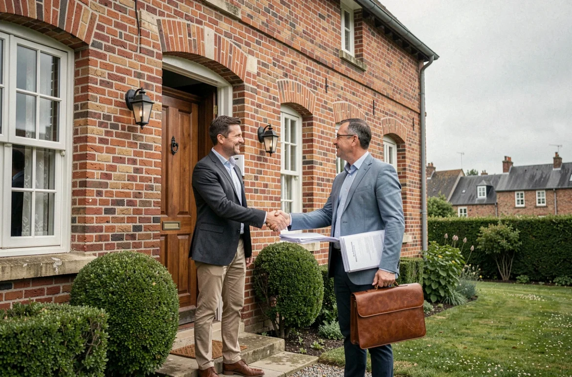 Propriétaire et agent d'assurance devant une maison en brique rouge typique d'Abbeville