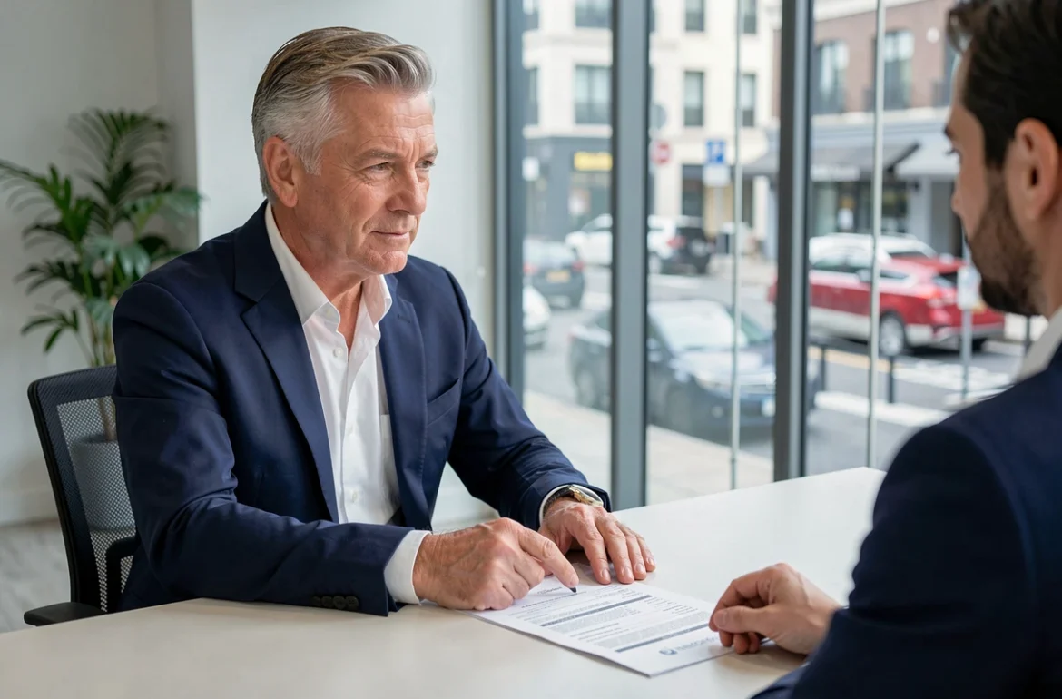 Agent immobilier expliquant l'obligation d'assurance habitation à un locataire en agence