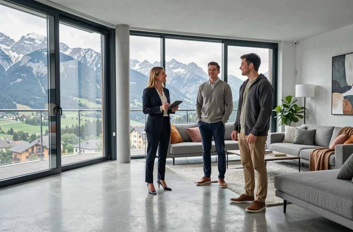 Agent immobilier Bouygues Immobilier présentant un appartement moderne à Grenoble avec vue sur les Alpes