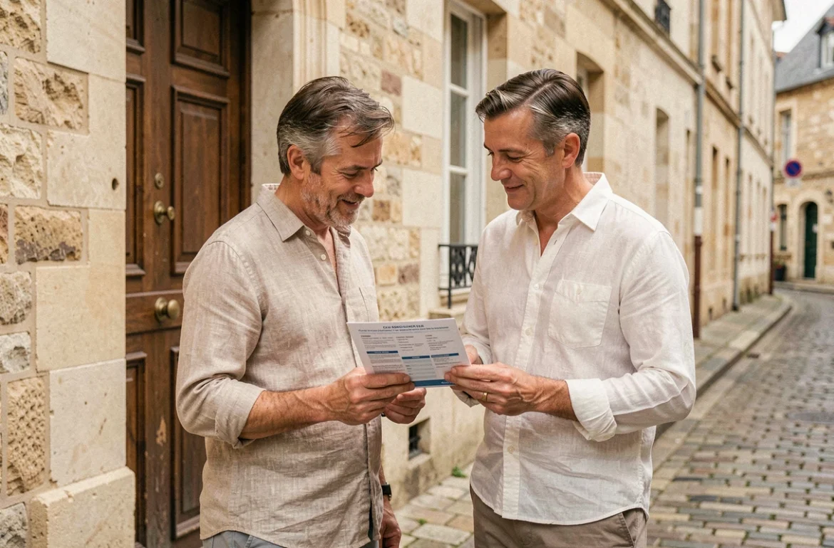 Couple examinant une brochure d'assurance devant une maison en tuffeau à Angers