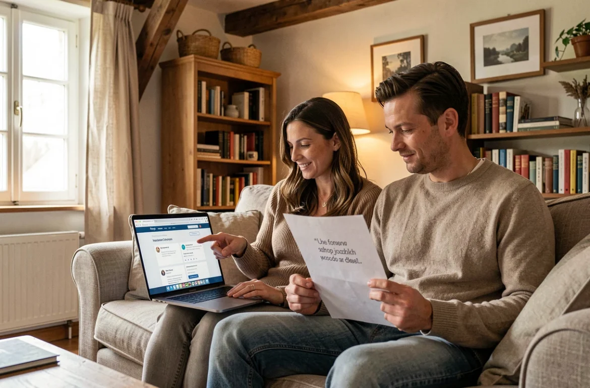 Couple comparant des offres d'assurance habitation en ligne dans un appartement à Abbeville