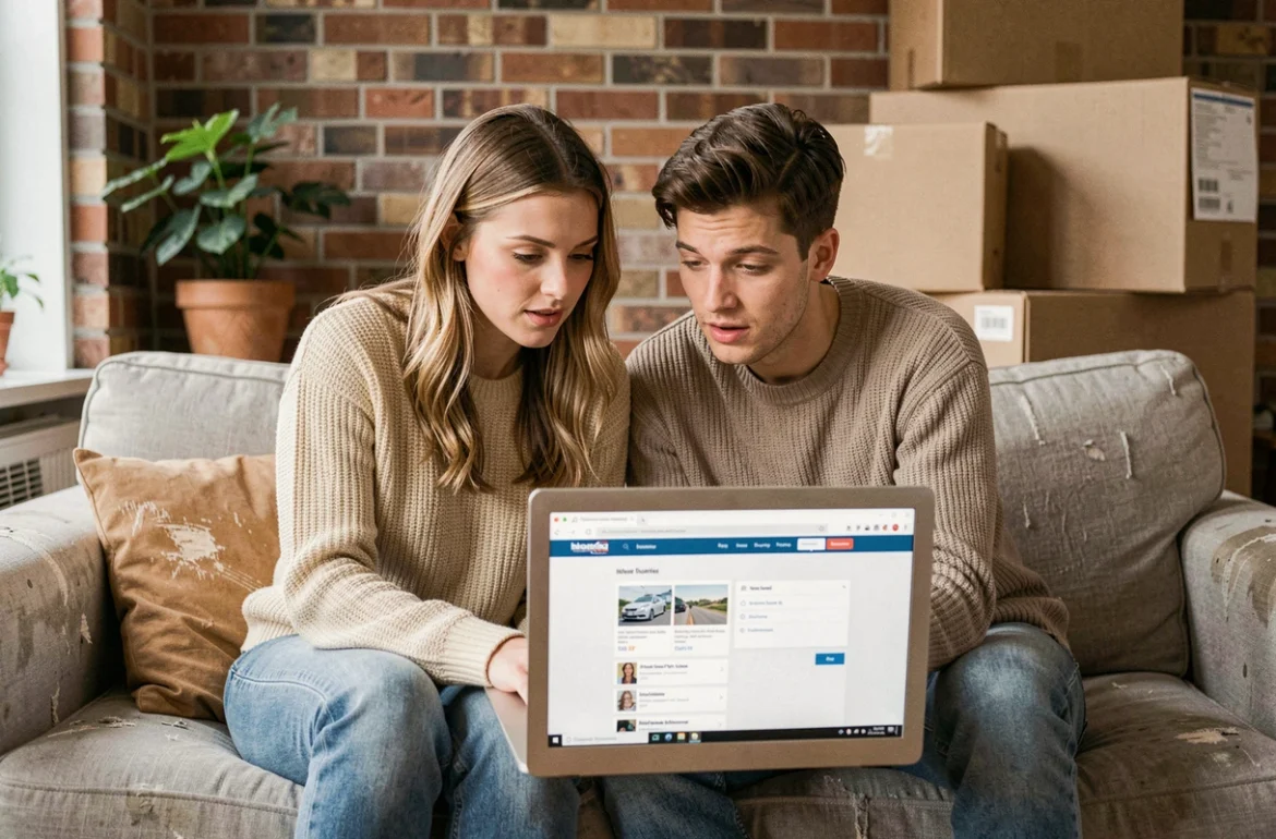 Jeune couple comparant des offres d'assurance habitation sur un ordinateur portable
