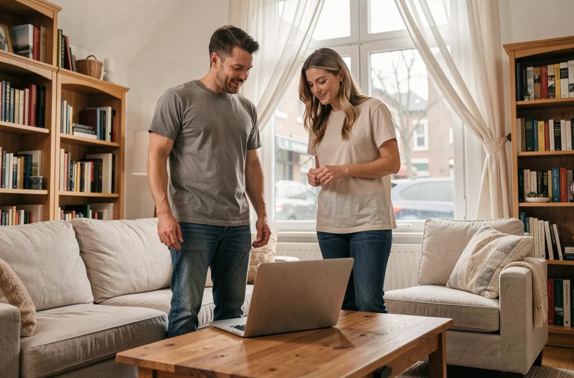 Couple comparant des devis d'assurance multirisque habitation sur un ordinateur portable dans leur salon