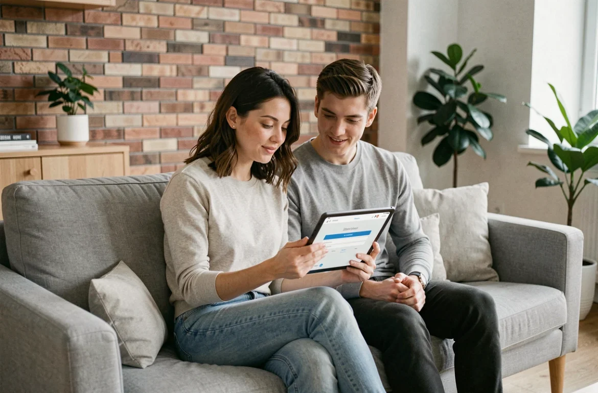 Couple consultant un comparateur de devis d'assurance habitation sur tablette dans un salon moderne sans renseigner leurs coordonnées