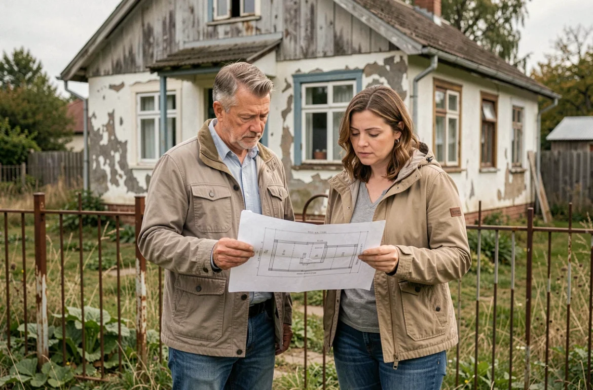 Couple de la quarantaine examinant des plans devant une maison à rénover avec terrain, air pensif face à un projet immobilier abordable