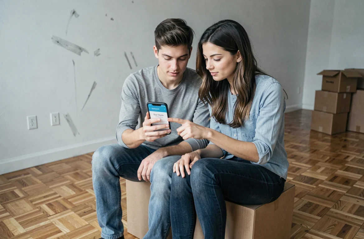 Couple consultant la date d'effet de leur assurance habitation sur un smartphone lors d'un déménagement