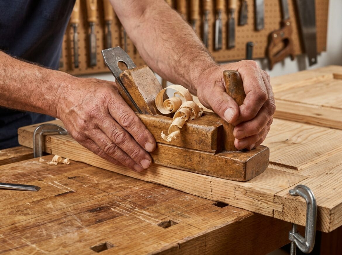 Gros plan sur les mains d'un menuisier rabotant un panneau de porte en pin dans un atelier de menuiserie