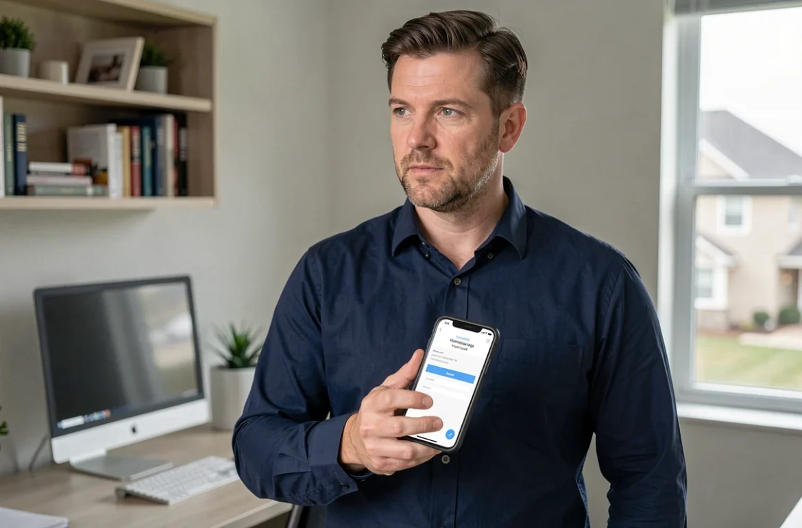 Homme consultant un devis d'assurance habitation anonyme sur smartphone dans un bureau à domicile