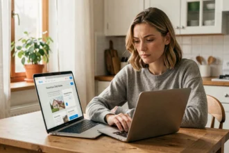 Femme comparant des devis d'assurance habitation en ligne sur un ordinateur portable sans saisir ses coordonnées personnelles