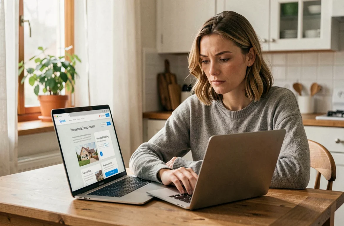 Femme comparant des devis d'assurance habitation en ligne sur un ordinateur portable sans saisir ses coordonnées personnelles