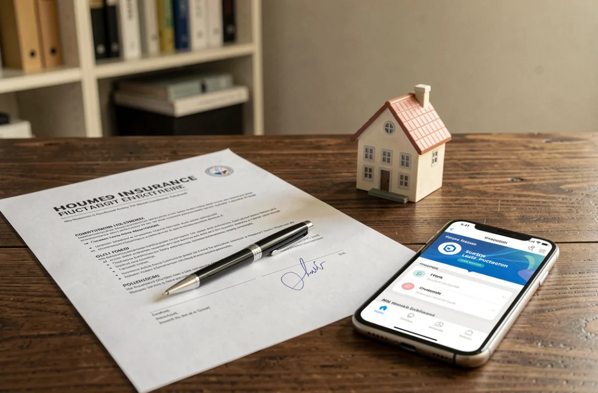 Documents d'assurance habitation et protection juridique posés sur un bureau en bois