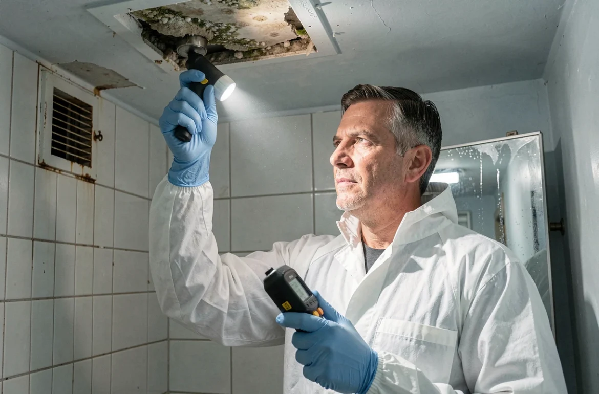 Expert en bâtiment inspectant un plafond de salle de bain atteint de moisissures avec hygromètre, expertise litige humidité