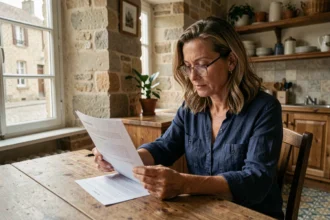 Femme consultant son contrat d'assurance habitation à Abbeville dans une maison traditionnelle picarde