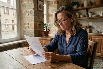 Femme consultant son contrat d'assurance habitation à Abbeville dans une maison traditionnelle picarde