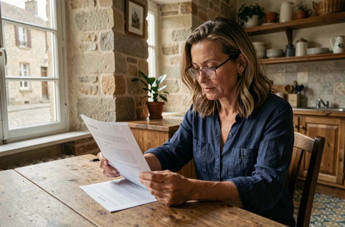 Femme consultant son contrat d'assurance habitation à Abbeville dans une maison traditionnelle picarde