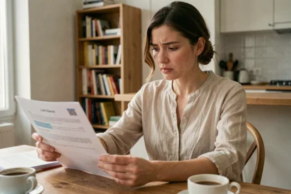 Femme consultant son contrat d'assurance habitation à la table de sa cuisine