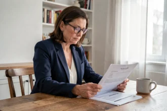 Femme consultant un contrat d'assurance habitation à la table de sa cuisine