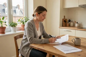 Femme consultant des documents d'assurance habitation dans un appartement à Angers
