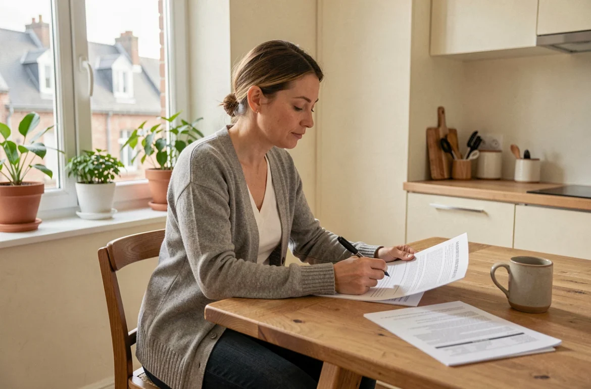 Femme consultant des documents d'assurance habitation dans un appartement à Angers