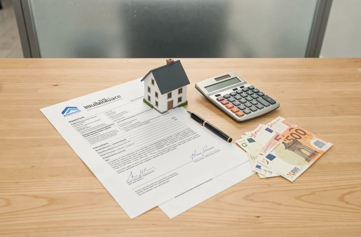 Vue de dessus d'un dossier d'assurance multirisque immeuble avec calculatrice et billets en euros sur un bureau en bois