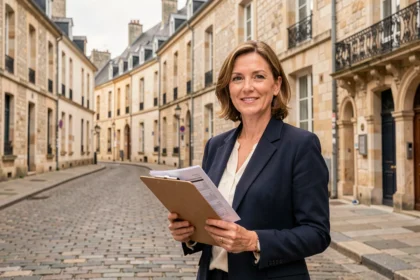 Agente immobilière professionnelle devant des immeubles en pierre normande à Caen, représentant la gestion locative dans le Calvados