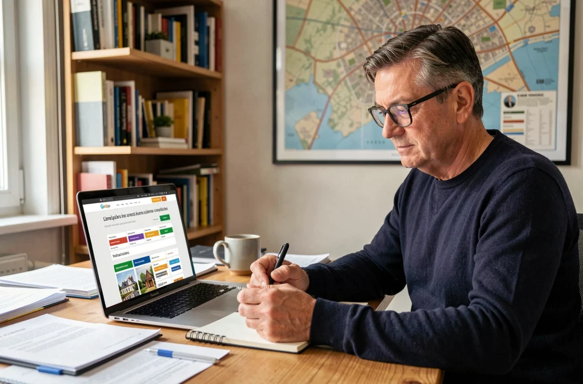 Homme comparant des assurances habitation en ligne depuis son bureau à domicile à Angers