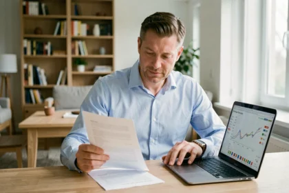 Homme consultant un baromètre des taux de crédit immobilier sur son ordinateur portable à son bureau à domicile