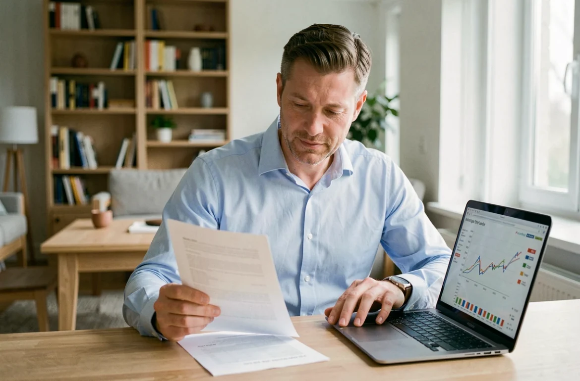 Homme consultant un baromètre des taux de crédit immobilier sur son ordinateur portable à son bureau à domicile